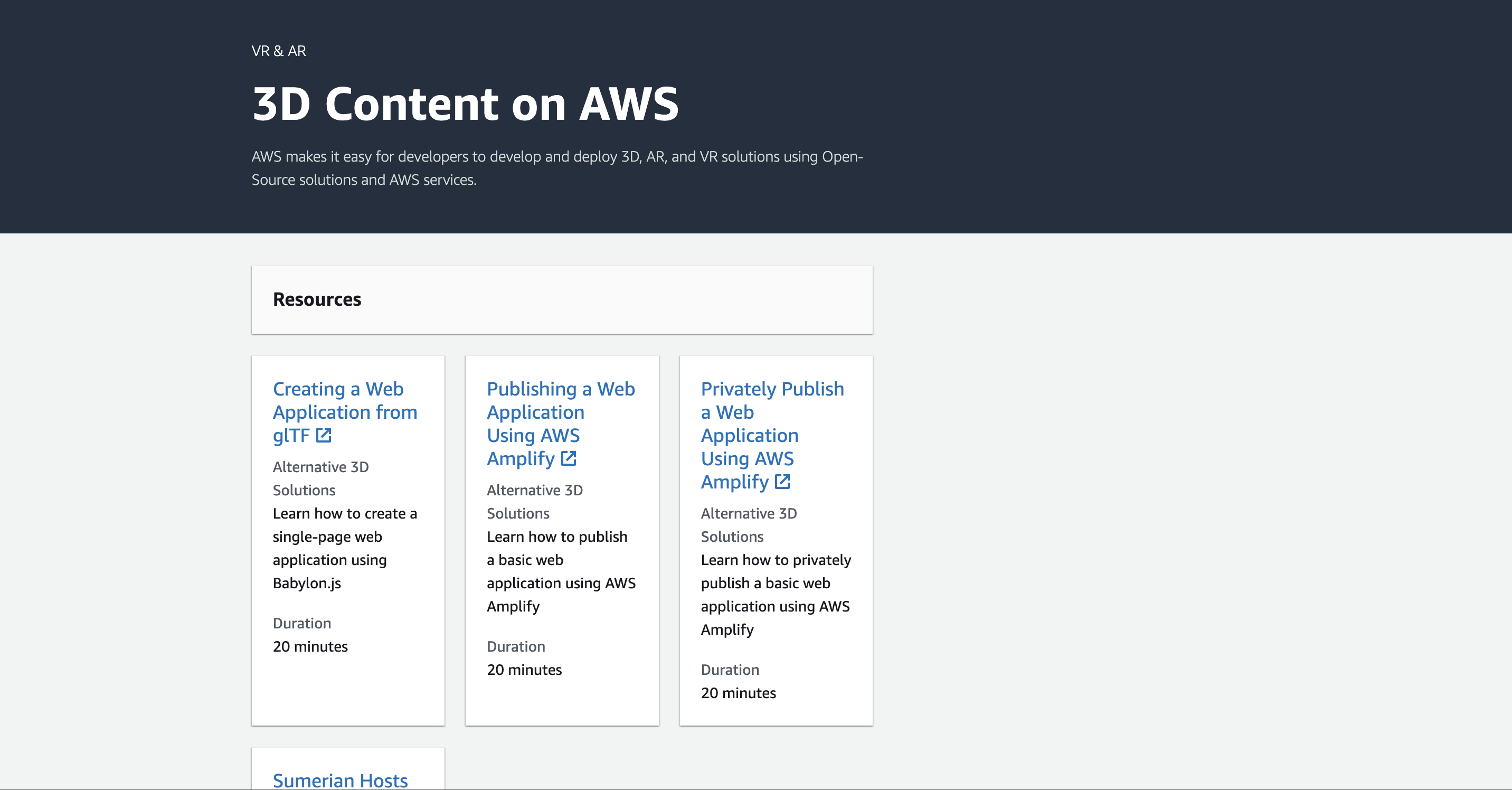 AWS Sumerian Service Home Page