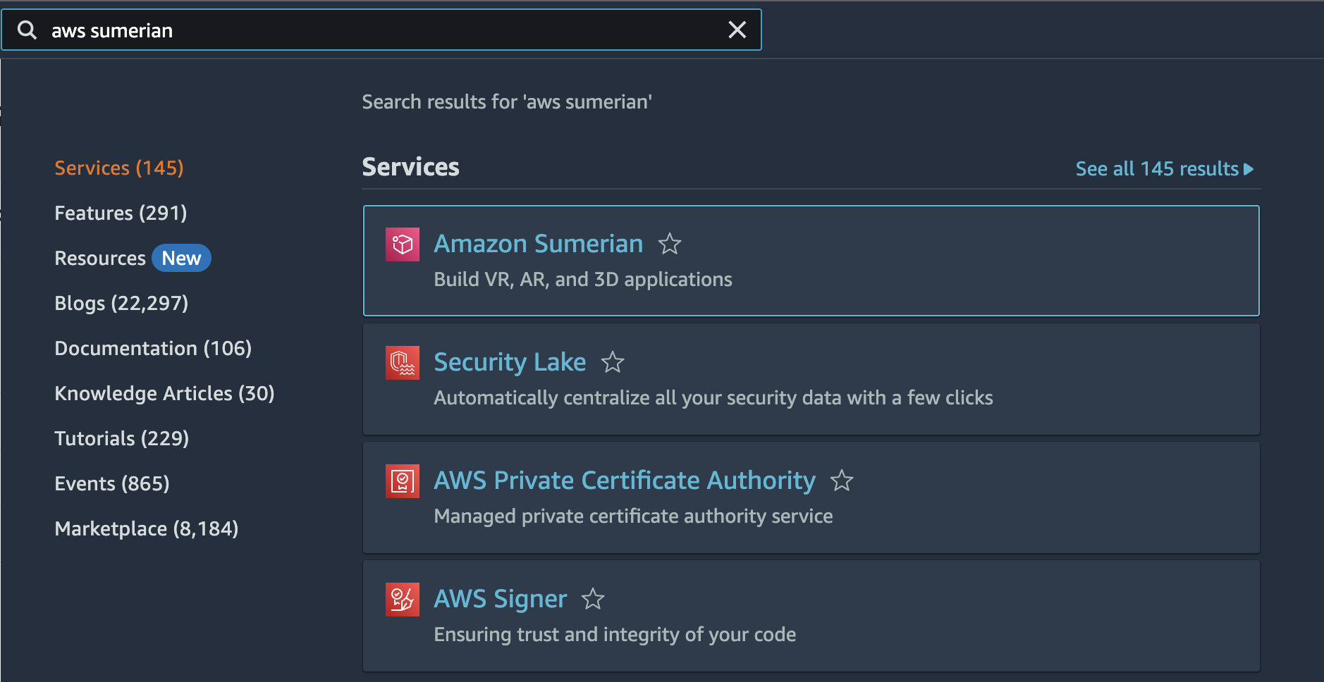 AWS Sumerian Service search