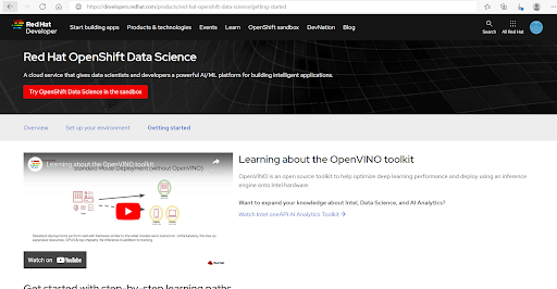 Red hat openshift data science try page